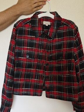 LOFT Red and Black Plaid Tweed Blazer Jacket